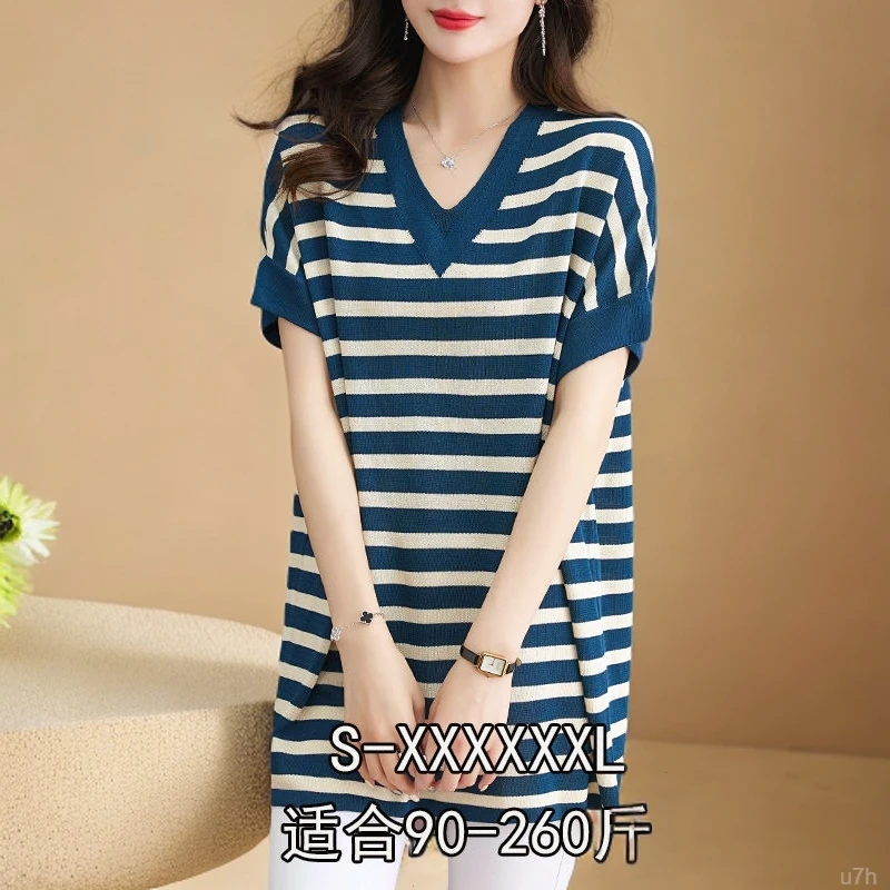 新款宽松大码百搭中长款条纹短袖T恤打底女显瘦上衣200斤可穿冰丝
