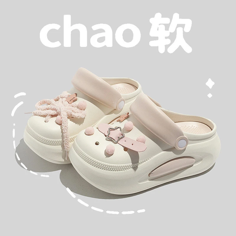 甜美圆头包头高跟拼色女洞洞鞋新款厚底外穿卡通带绳少女心拖鞋