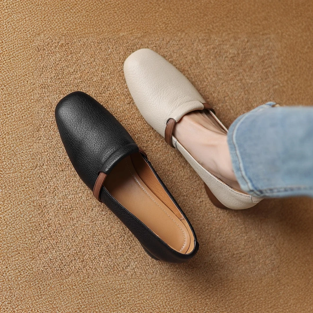 超软羊皮方头粗跟单鞋女2025春秋新款中跟软底小皮鞋真皮百搭女鞋