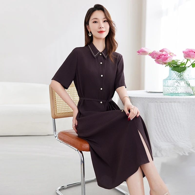 高端真丝冠乐绉连衣裙2025夏季新款轻奢显瘦减龄桑蚕丝妈妈中长裙