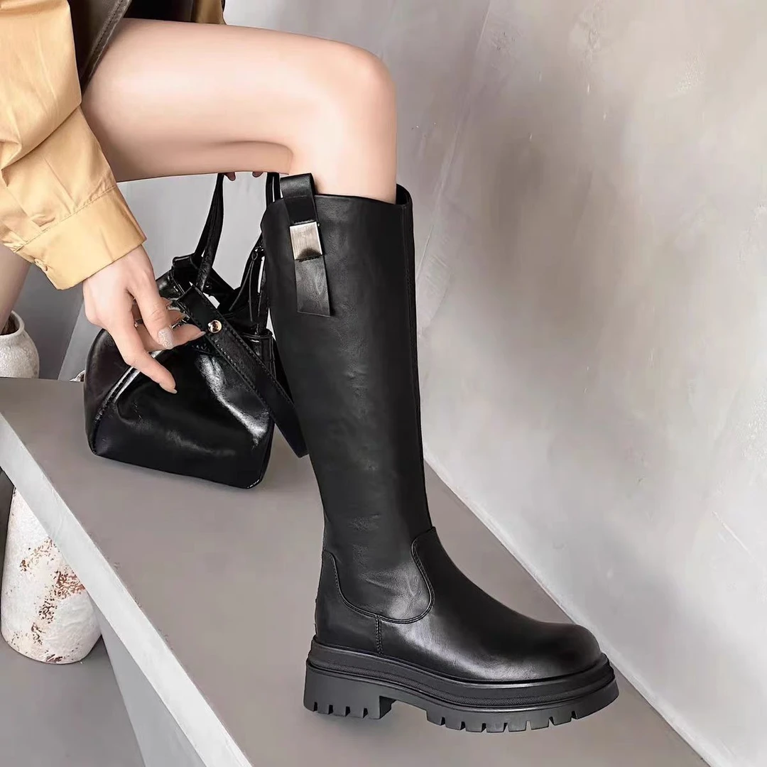 665-2S 秋冬新款时尚百搭圆头厚底V口长筒时装靴加绒