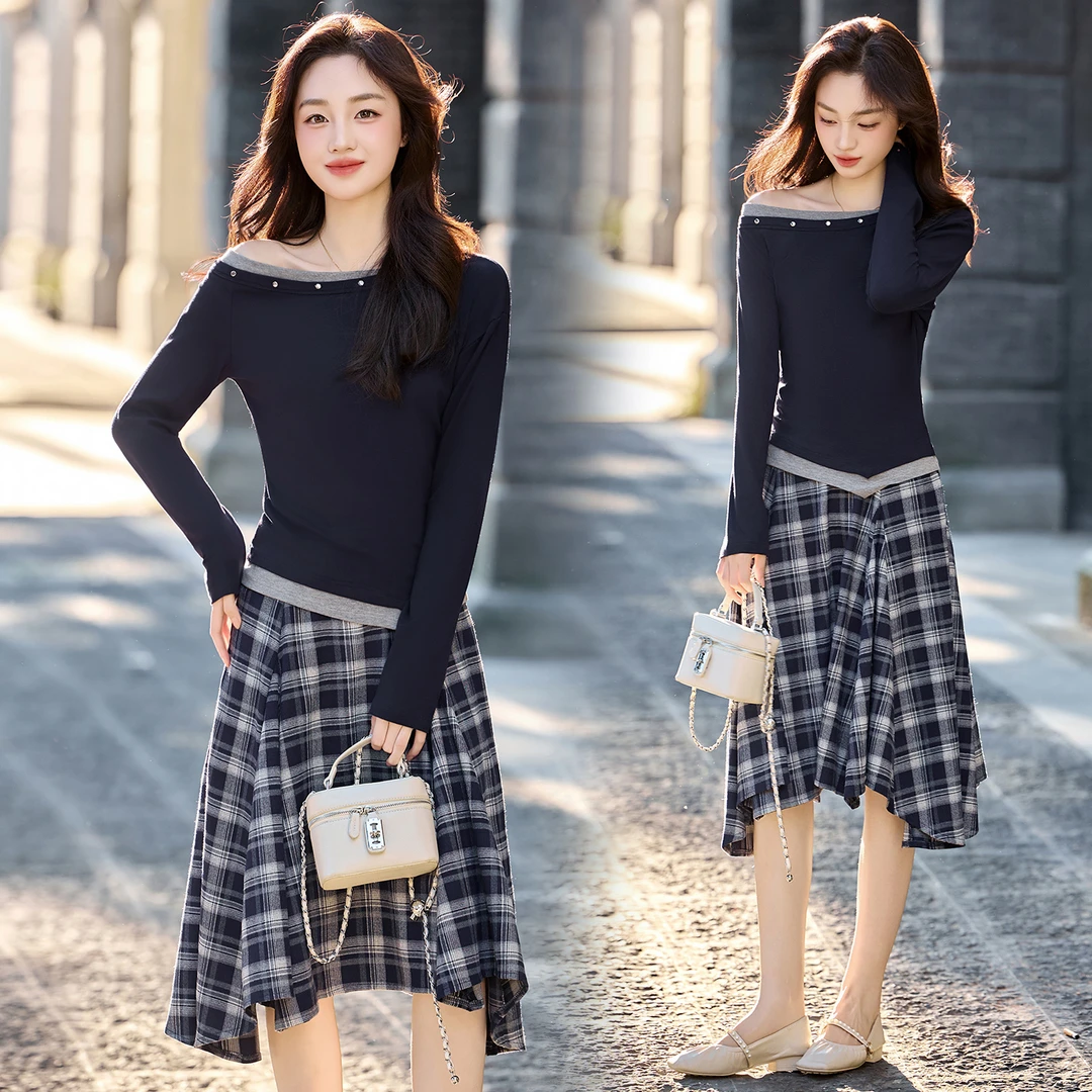 韩系撞色拼接斜肩套装女2025春秋新款时尚格纹不规则半身裙两件套