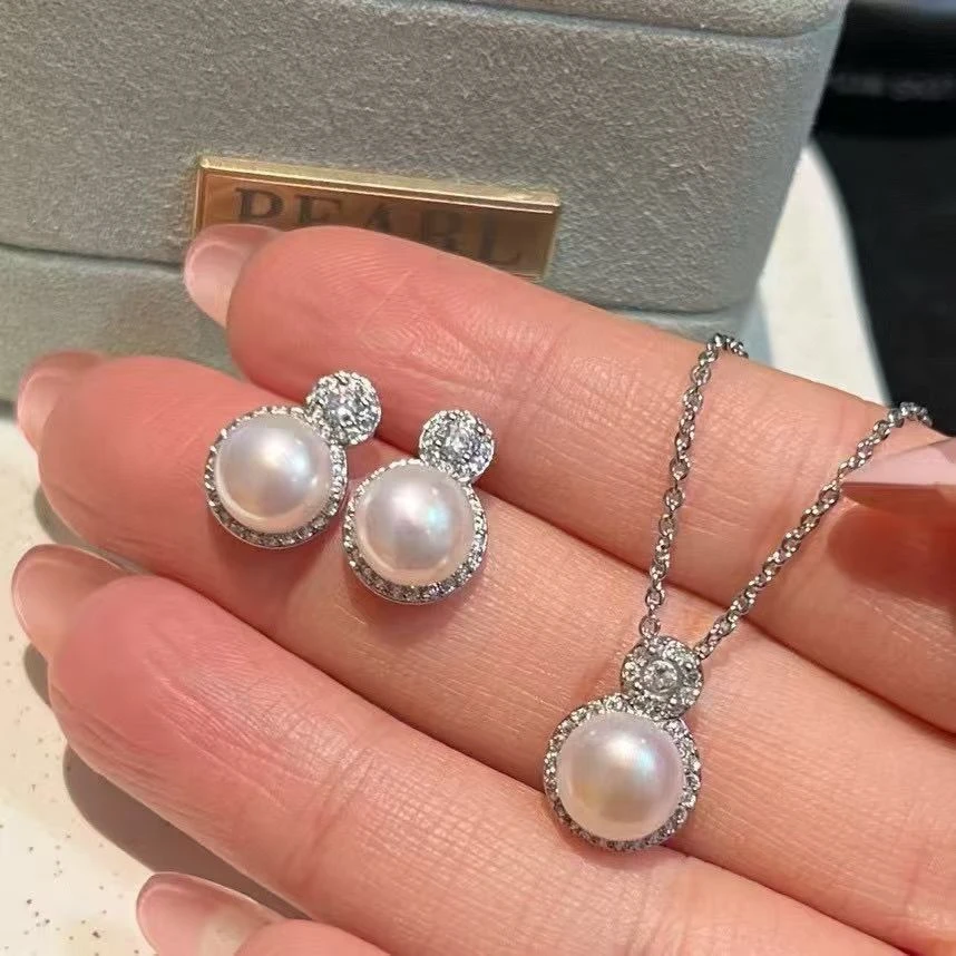 链子925银 925银四克拉施家珠项链耳饰吊坠套装首饰女款氛围感