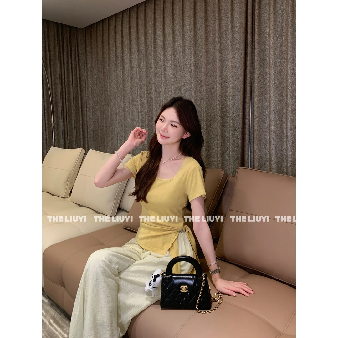 【LIUYI】瘦瘦T~夏季方领正肩显瘦收腰系带T恤54238