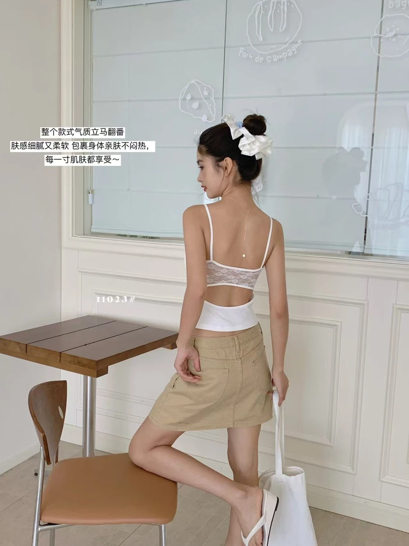 新款设计感镂空蕾丝美背内衣性感纯欲固定杯一体式吊带背心