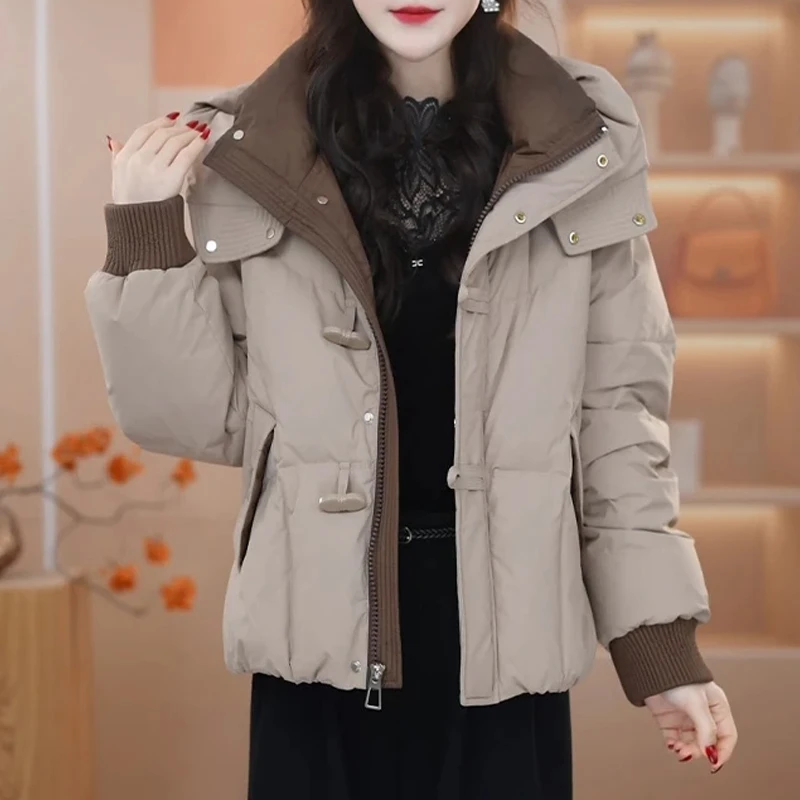 温柔随性风撞色领牛角扣棉服2026冬季新款针织袖口出街甜柔优雅