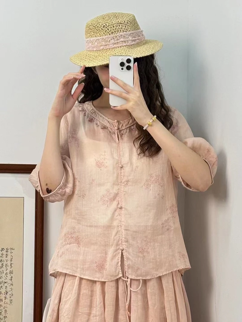 50758 苎麻刺绣圆领国风新中式中袖透气文艺衬衫小衫