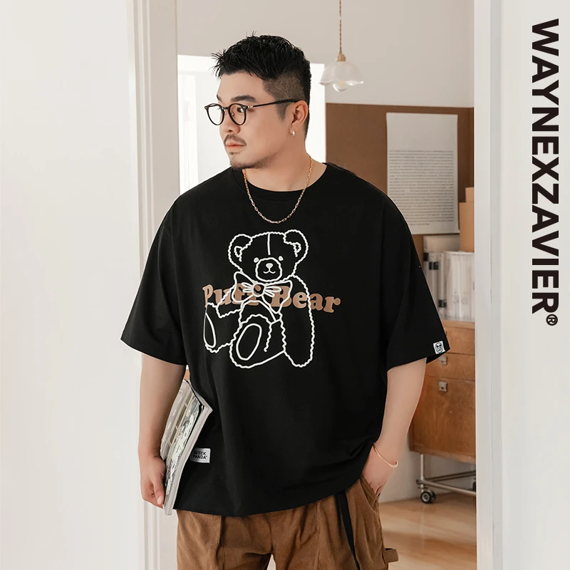 韦恩泽维尔加肥加大宽松大码男夏圆领卡通发泡胶立体印花T恤9176