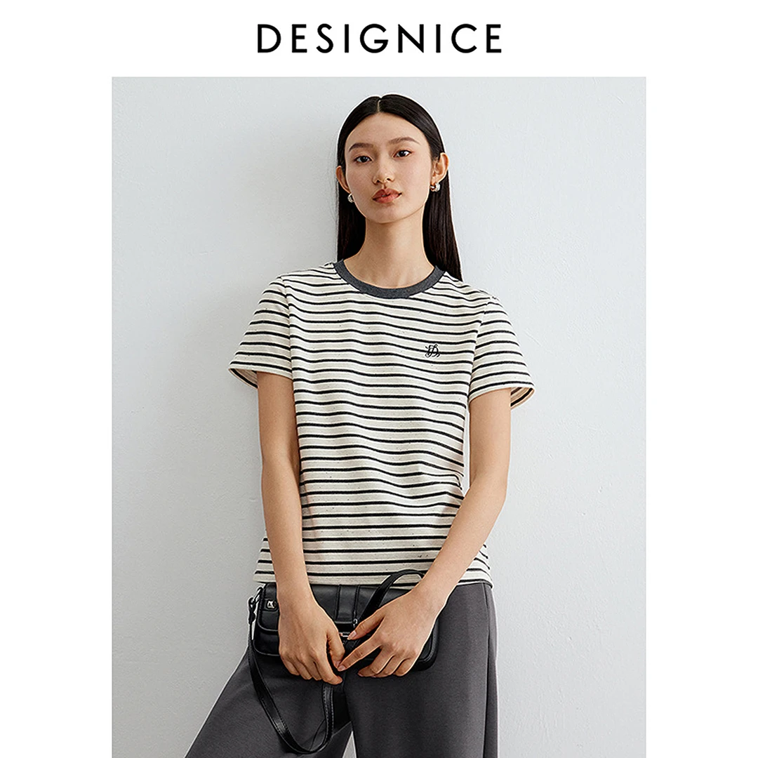 迪赛尼斯春季通勤风气质条纹T恤上衣圆领短袖毛针织衫女