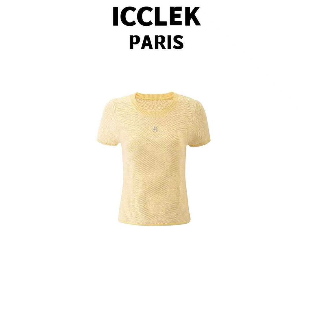 ICCLEK 夏季黄色圆领短袖针织衫百搭时尚气质名媛修身上衣 -5243