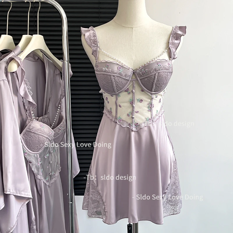 SLDO 生如夏花 紫色带胸垫聚拢睡裙女夏季珍珠刺绣镂空性感睡衣