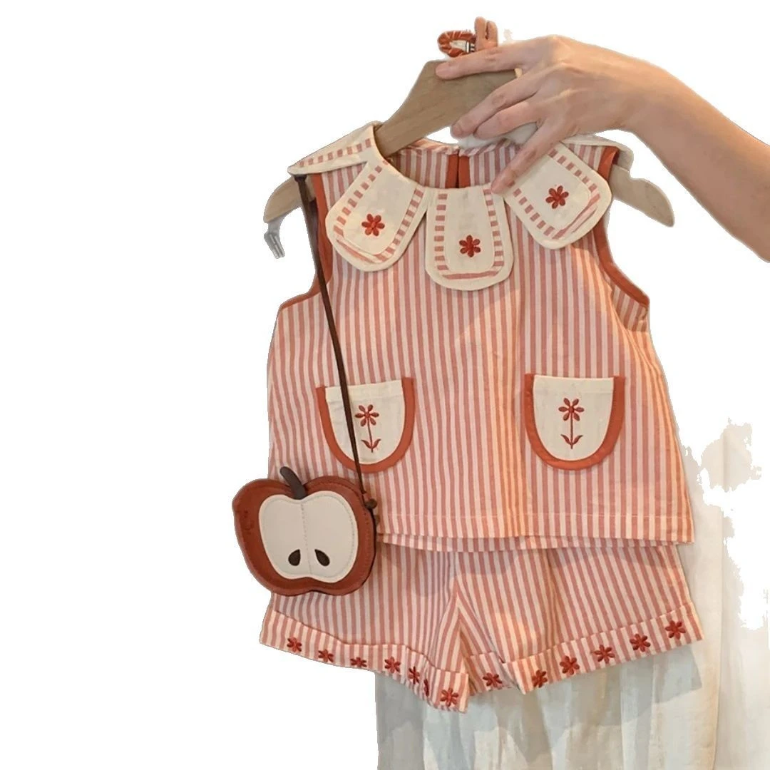 夏季女童洋气时髦红色条纹套装夏天新款女宝宝吊带裤裙时尚两件套