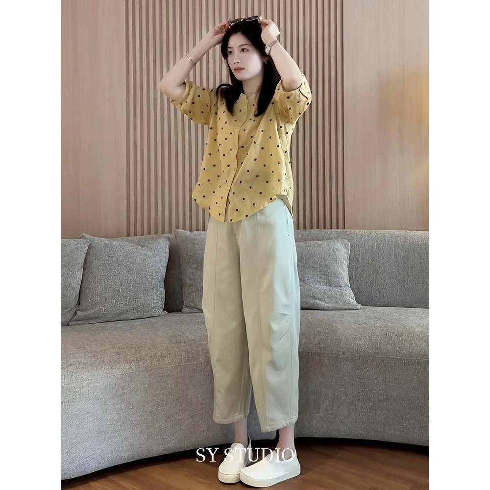 夏季减龄一整套穿搭法式设计感长袖波点衬衫阔腿休闲裤洋气两件套