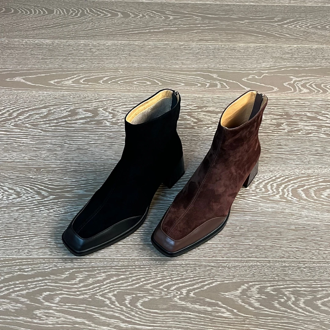 5.5CM头层牛皮法式方头时装靴马丁靴不累脚高跟靴瘦瘦靴秋冬高跟