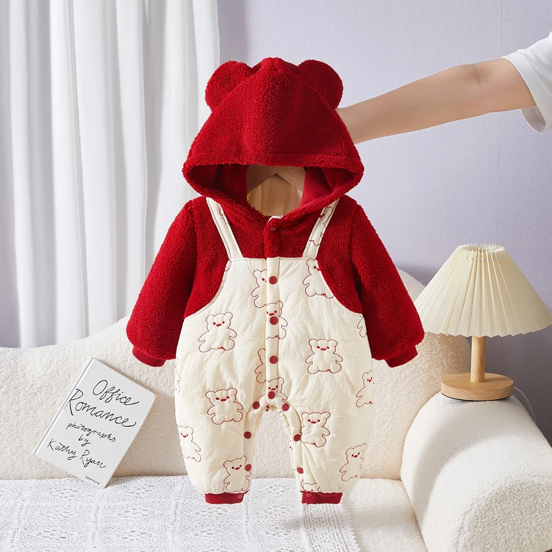 FAVMARTHA婴儿冬装连帽新生儿衣服小红熊棉服加绒夹棉婴儿连体衣