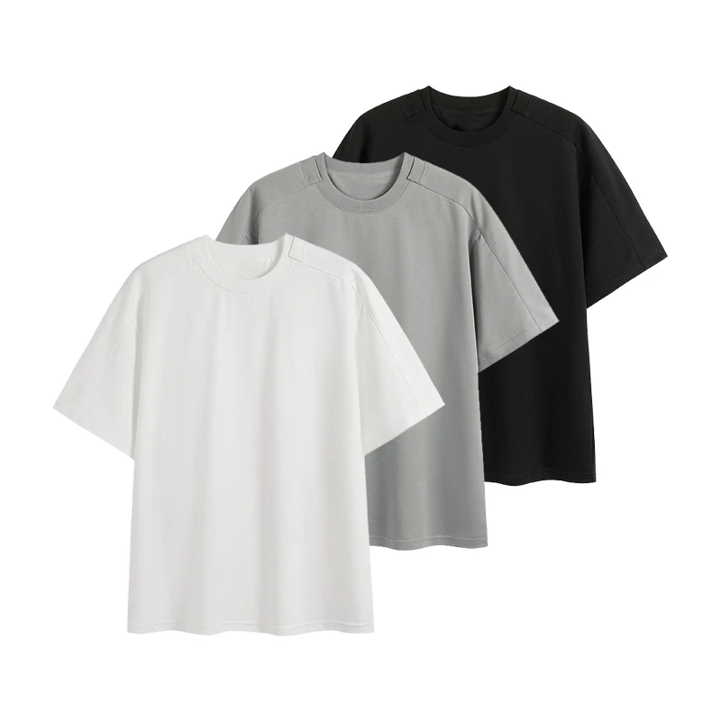 WHIMNOTION 25SS双领裁片拼接结构短袖新疆长绒棉混纺圆领T恤男