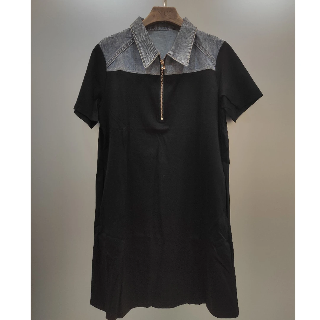 静姐 新款韩系翻领长款百搭气质牛仔拼接连衣裙 25163