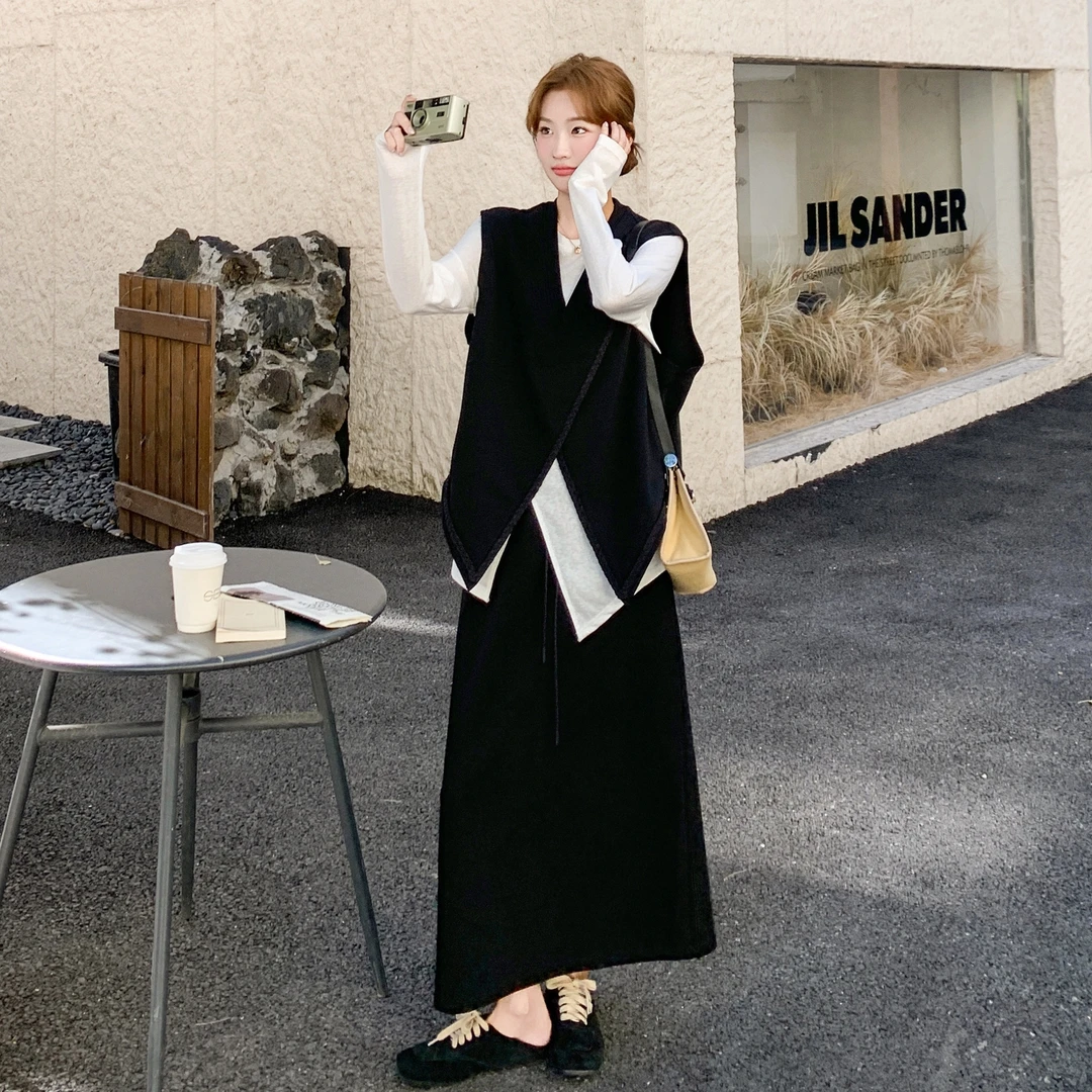 白色内搭秋冬马甲半身裙三件套女气质韩里韩气大方得体巨好看套装