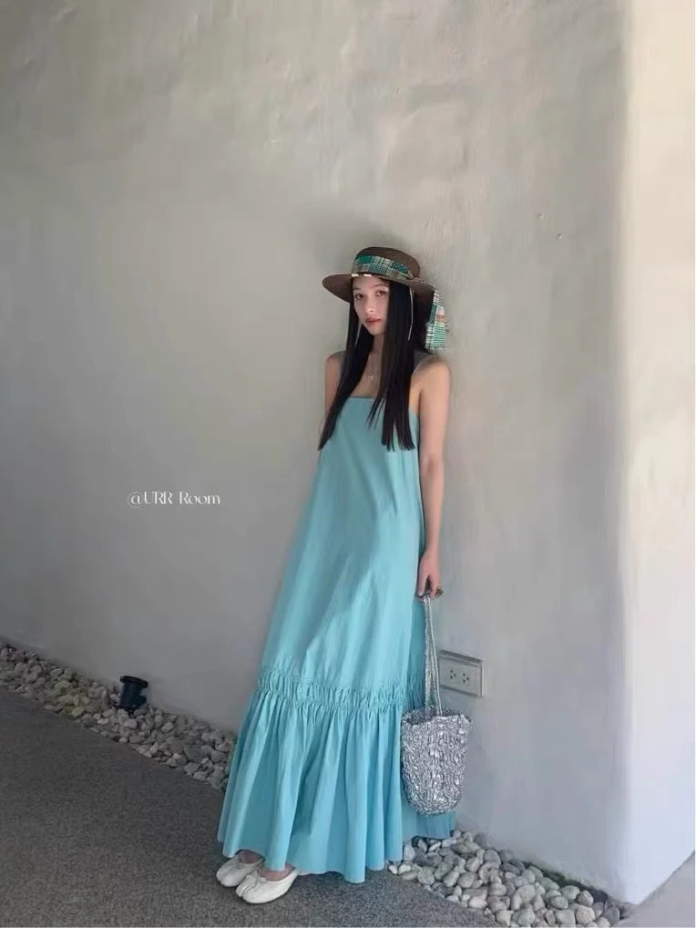 猫姐推荐｜宽松设计款度假风绑带露背荷叶花边吊带连衣裙漏肩长裙