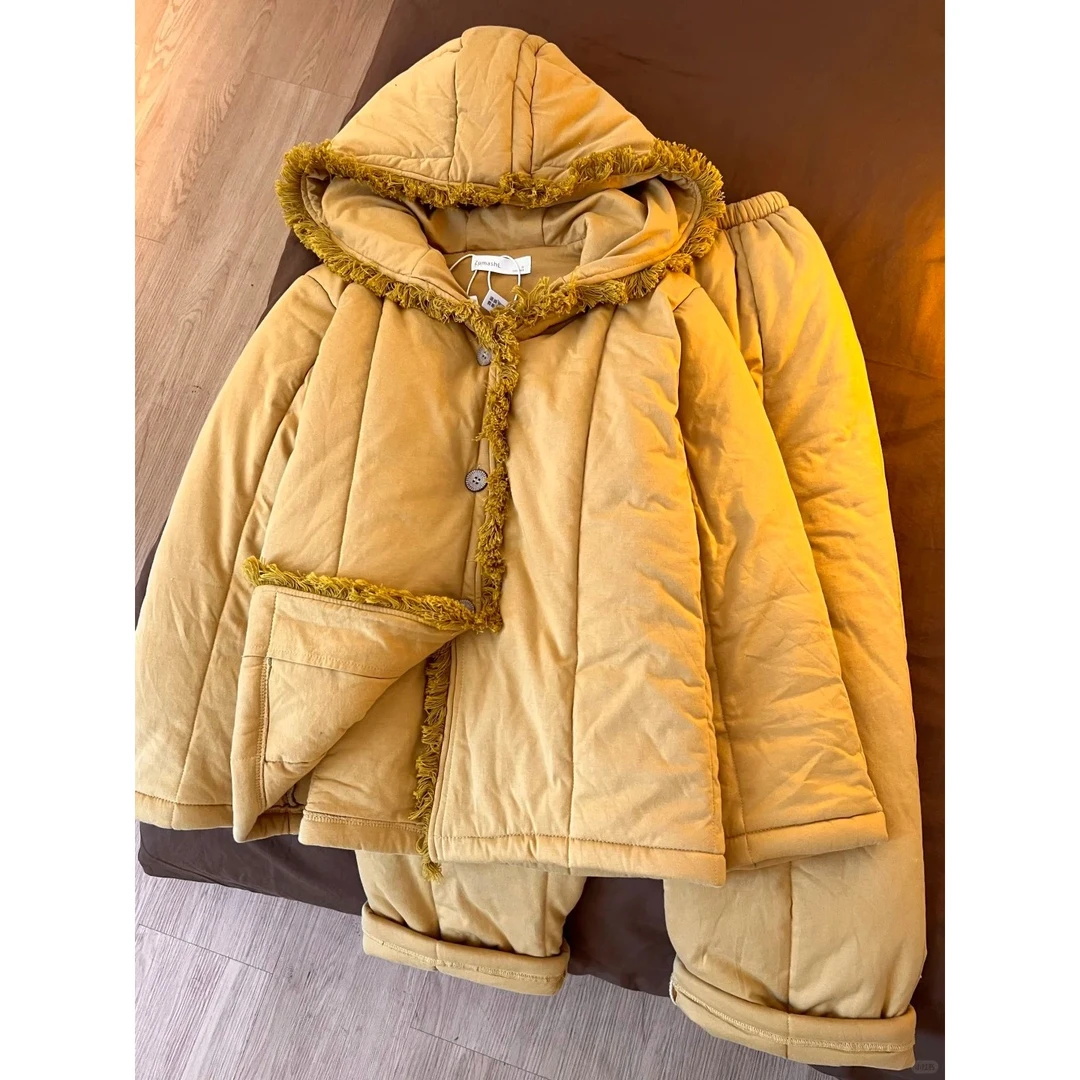 韩系甜美流苏夹棉连帽睡衣女秋冬季保暖加厚可外穿家居服棉服套装