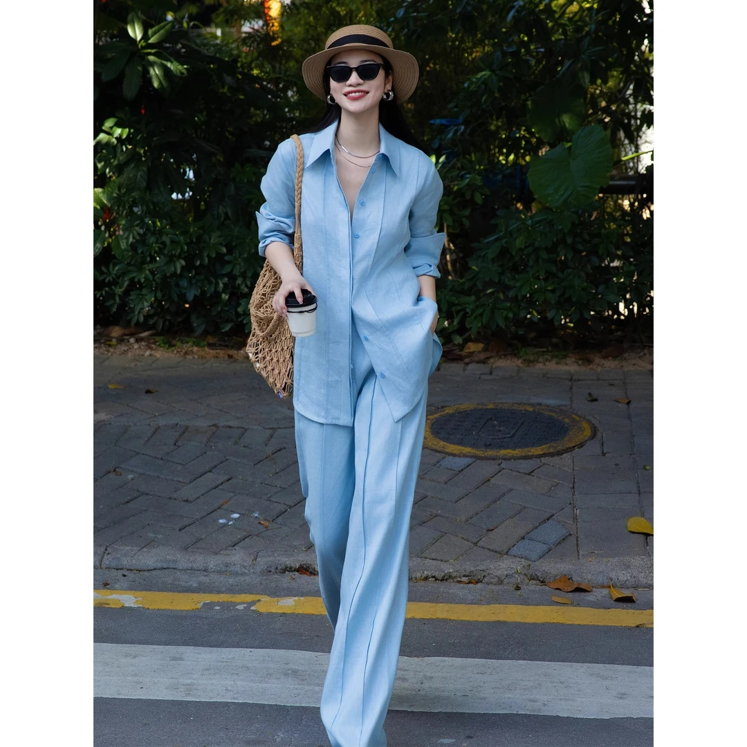 秋款一整套！老钱风时尚套装御姐气质松弛感衬衫阔腿裤休闲两件套