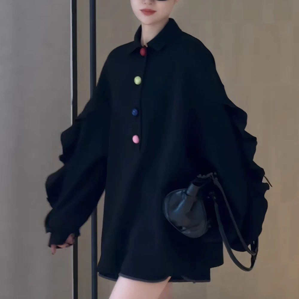 中长款荷叶边黑色卫衣女士2025秋冬新款高级感宽松显瘦polo领上衣