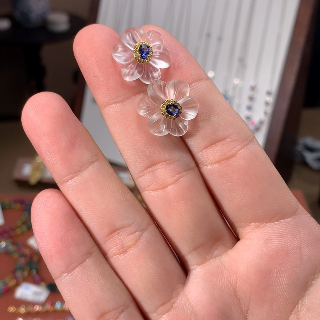 耳饰银S925镀金镶嵌蓝宝石