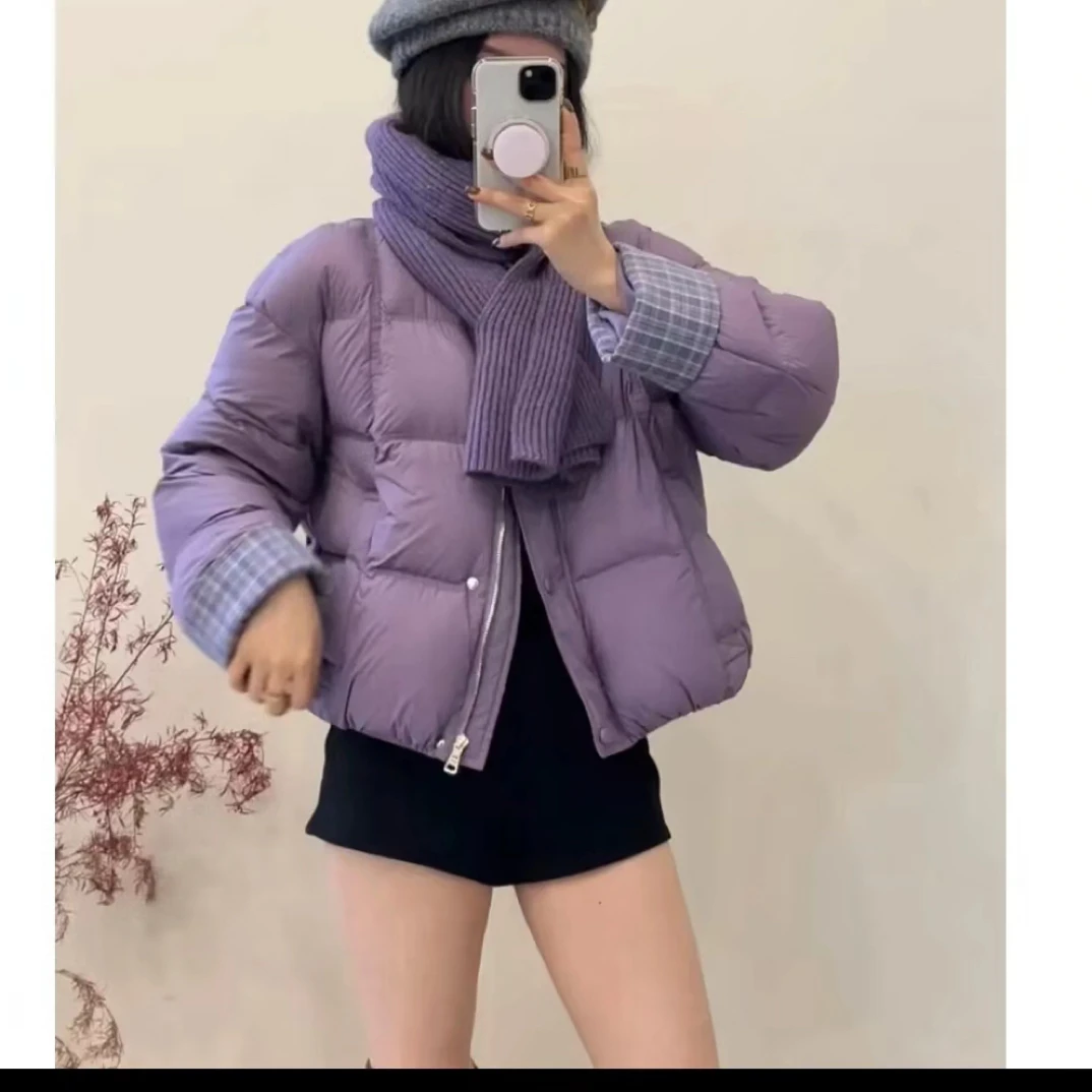 时尚休闲配围巾短款羽绒服女2025冬新款宽松保暖白鸭绒外套28828