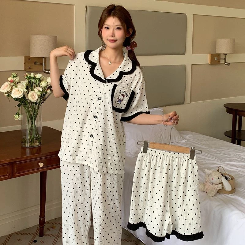 夏季云朵棉三件套睡衣女开衫V领长裤套装波点KT猫学生平价家居服