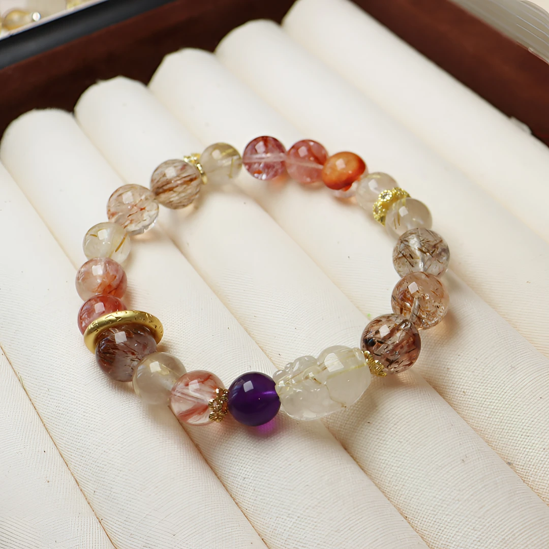 日照金山天然水晶红胶花紫水晶金发晶貔貅黑金超七多宝手串女款