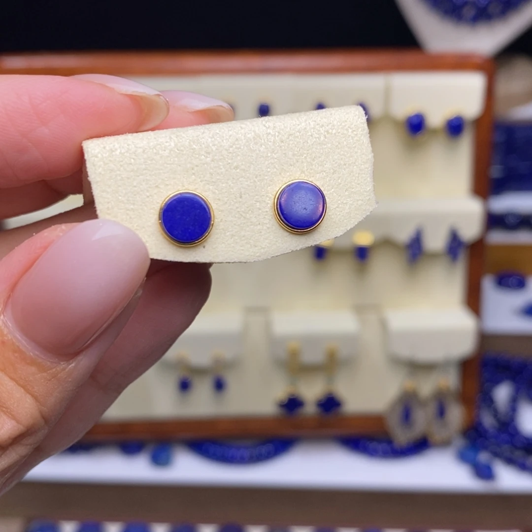 青金石银S925镶嵌耳饰7mm