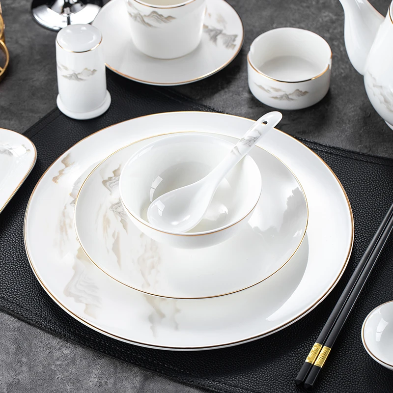 高档酒店饭店包厢用金边骨瓷中式宴会摆台餐具套装山水画碗碟杯勺