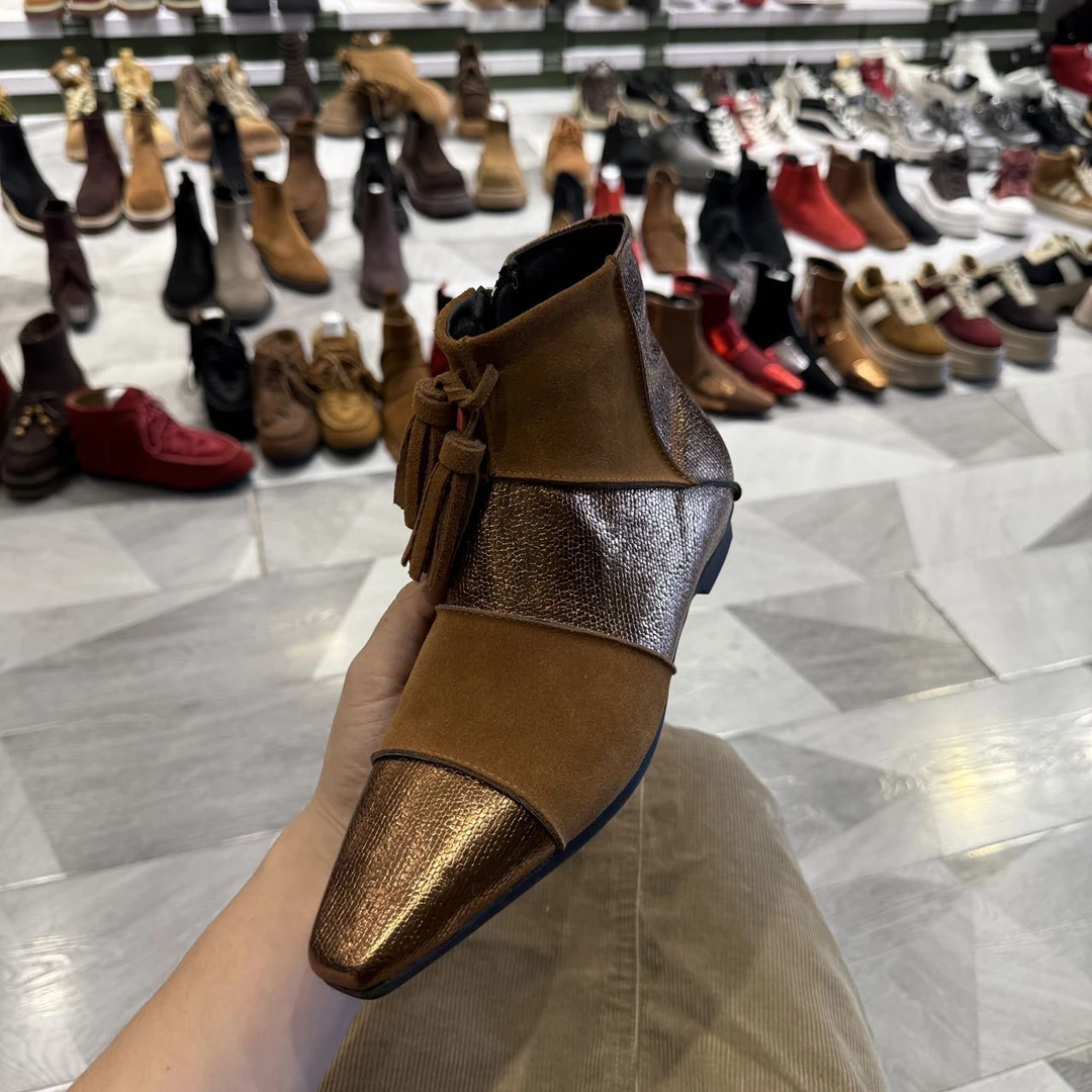 7688-51女靴尖头法式中跟侧拉链秋冬漆皮靴子短靴冬季时尚