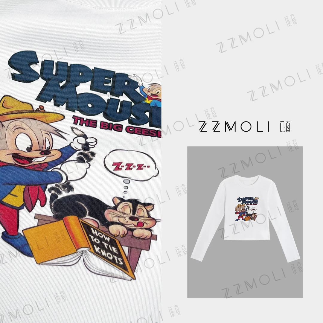 ZZMOLI时尚减龄卡通印花长袖白色t恤女款ins潮流休闲衣服ZBY29767