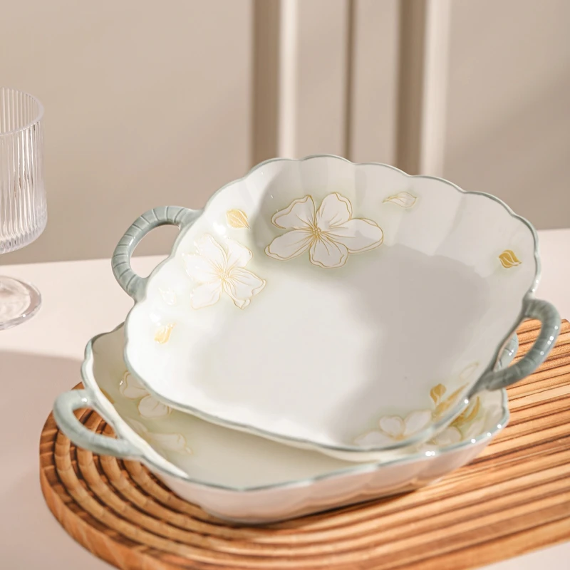 新款黄金叶釉下彩餐具双耳方盘烤盘简约ins家庭装易清洗隔热防烫