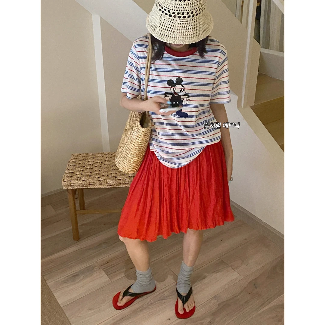 小乔家条纹米奇印花短袖T恤女夏季宽松减龄