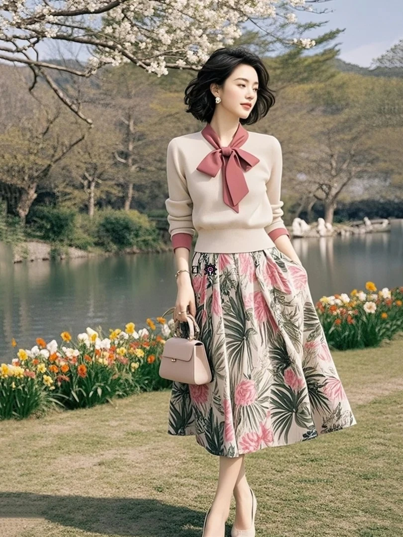 2025秋季新款多巴胺撞色系带针织上衣高腰碎花大摆裙两件套套装