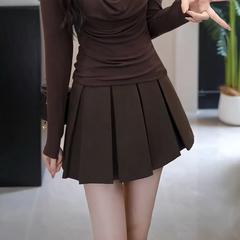 YUANLIANSU/圆脸酥【千岛茶色】设计感高腰显瘦百褶半身裙女装秋季