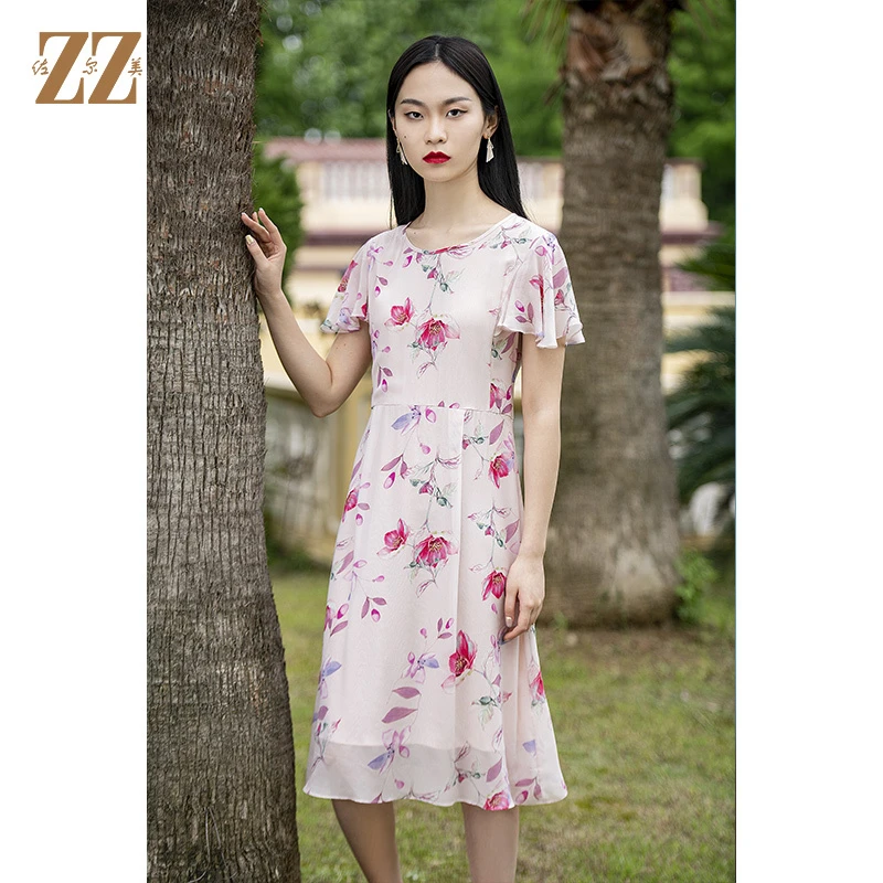 佐尔美夏季新款真丝圆领直筒短袖印花桑蚕丝连衣裙E02LS19