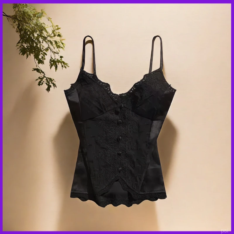 纯欲外穿蕾丝小吊带背心女打底美背女美体新中式黑色修身别致国风