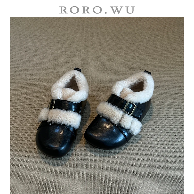 娆娆吴·真皮加绒保暖金属皮带扣毛毛鞋冬季新款全包勃肯鞋女F11