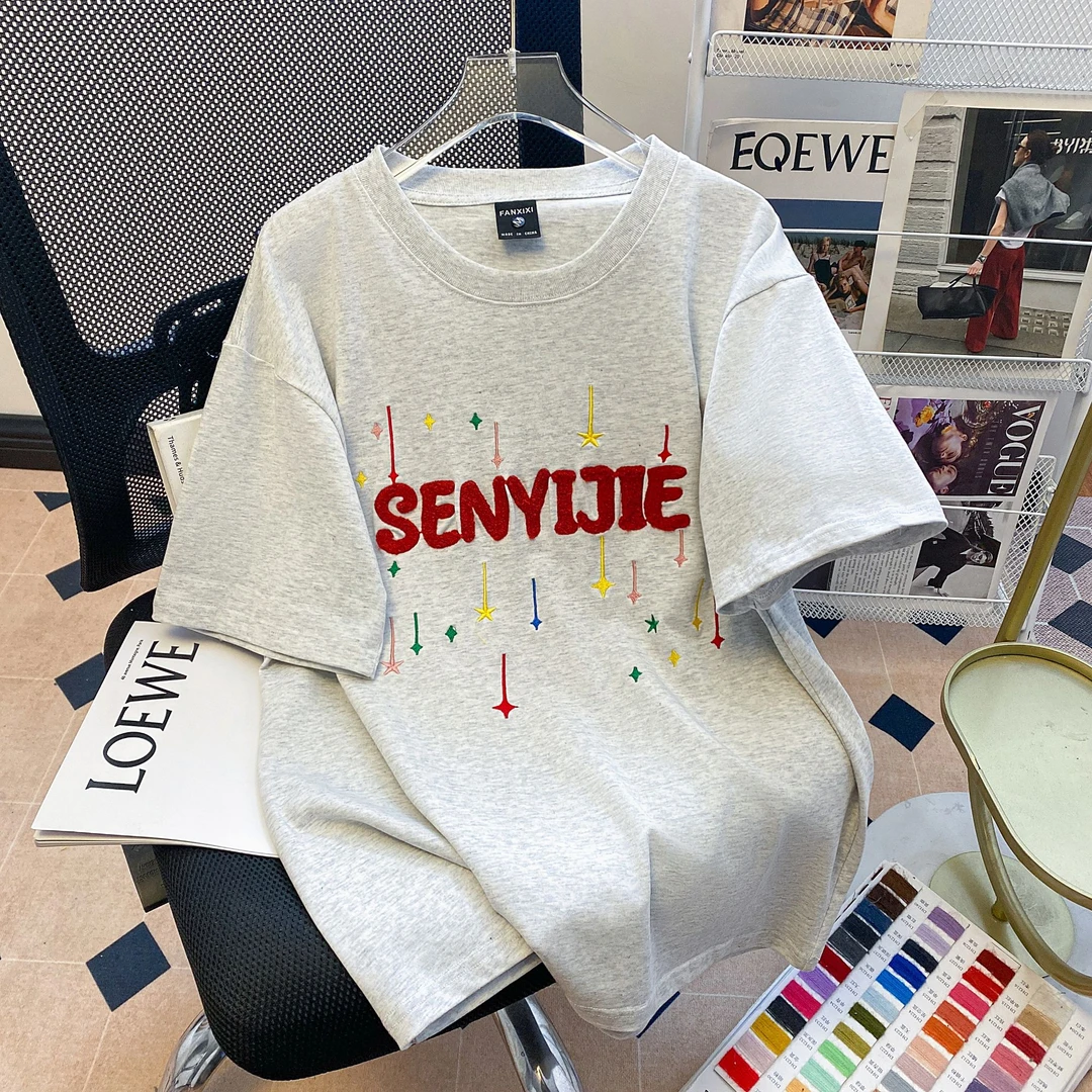 夏季2025新款宽松刺绣短袖t恤女打底衫oversize宽松小个子上衣