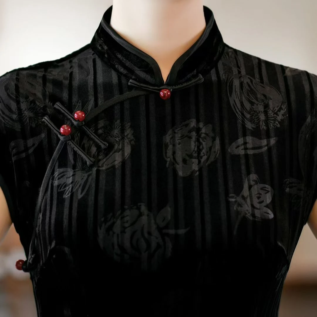 包袖提花中式七分袖气质旗袍双层低领高腰裙中国风