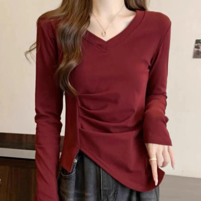 V领褶皱不规则开叉T恤女春季修身气质显瘦遮肉百搭上衣T恤 1567