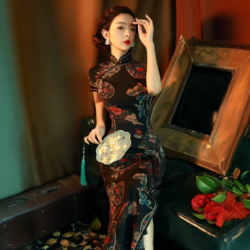 民国老上海旗袍2024年新款高端大气气质复古中国风夏季高开叉长款