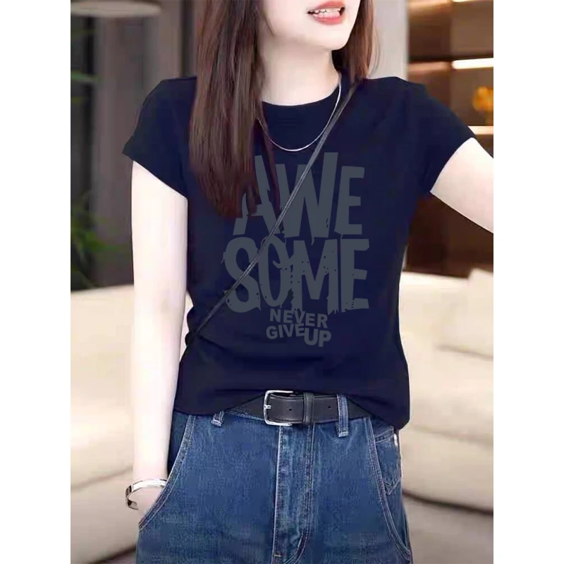 2025夏季正肩纯棉圆领短袖t恤女装ins时尚百搭洋气藏青色上衣修身