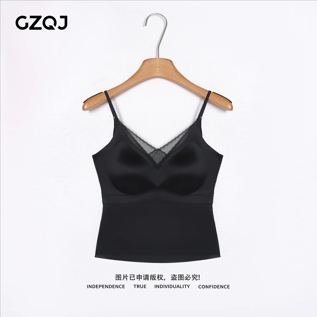 广州琴姐  带胸垫显瘦蕾丝拼接V领可调节打底美背吊带背心女75044