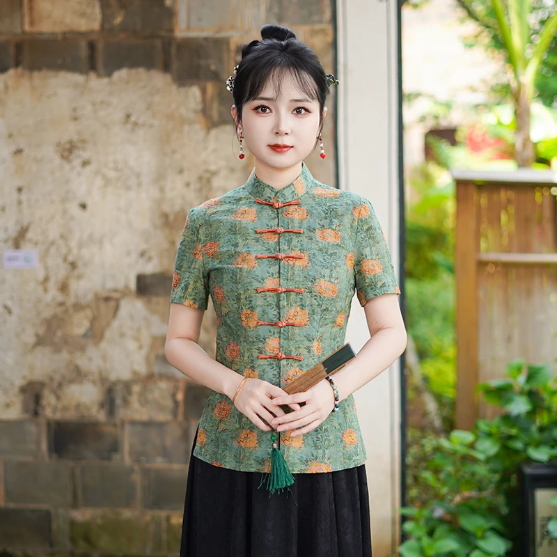 筠雅夏季新款复古改良中式唐装中国风年轻款斜襟短袖上衣女25J212