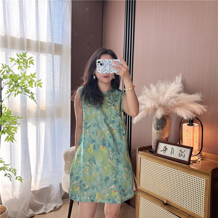 【绿锦鲤 奥黛】新中式蚕丝气质显瘦立领斜襟刻花中长款上衣