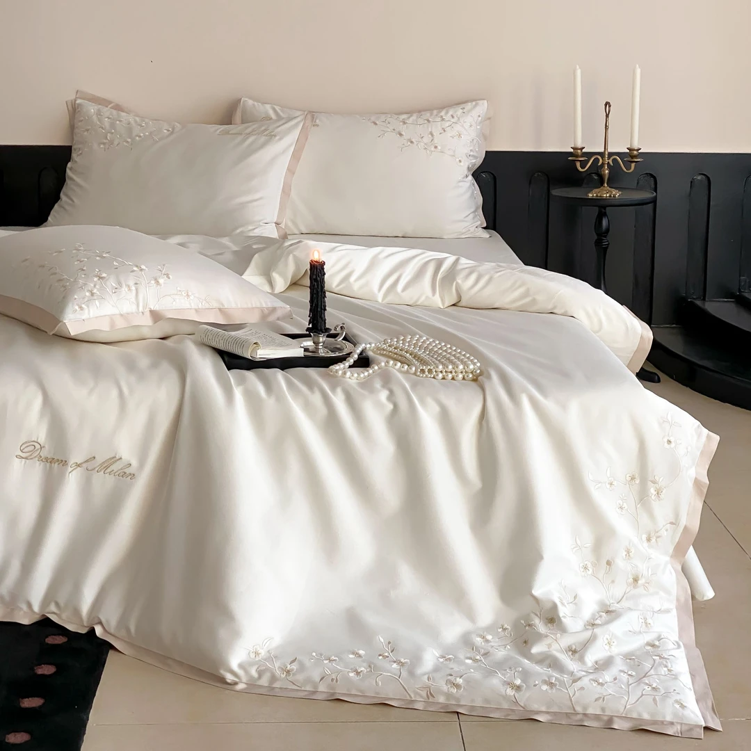 灵芝雅韵丨全棉贡缎长绒棉刺绣工艺轻奢高档柔软透气纯棉四件套